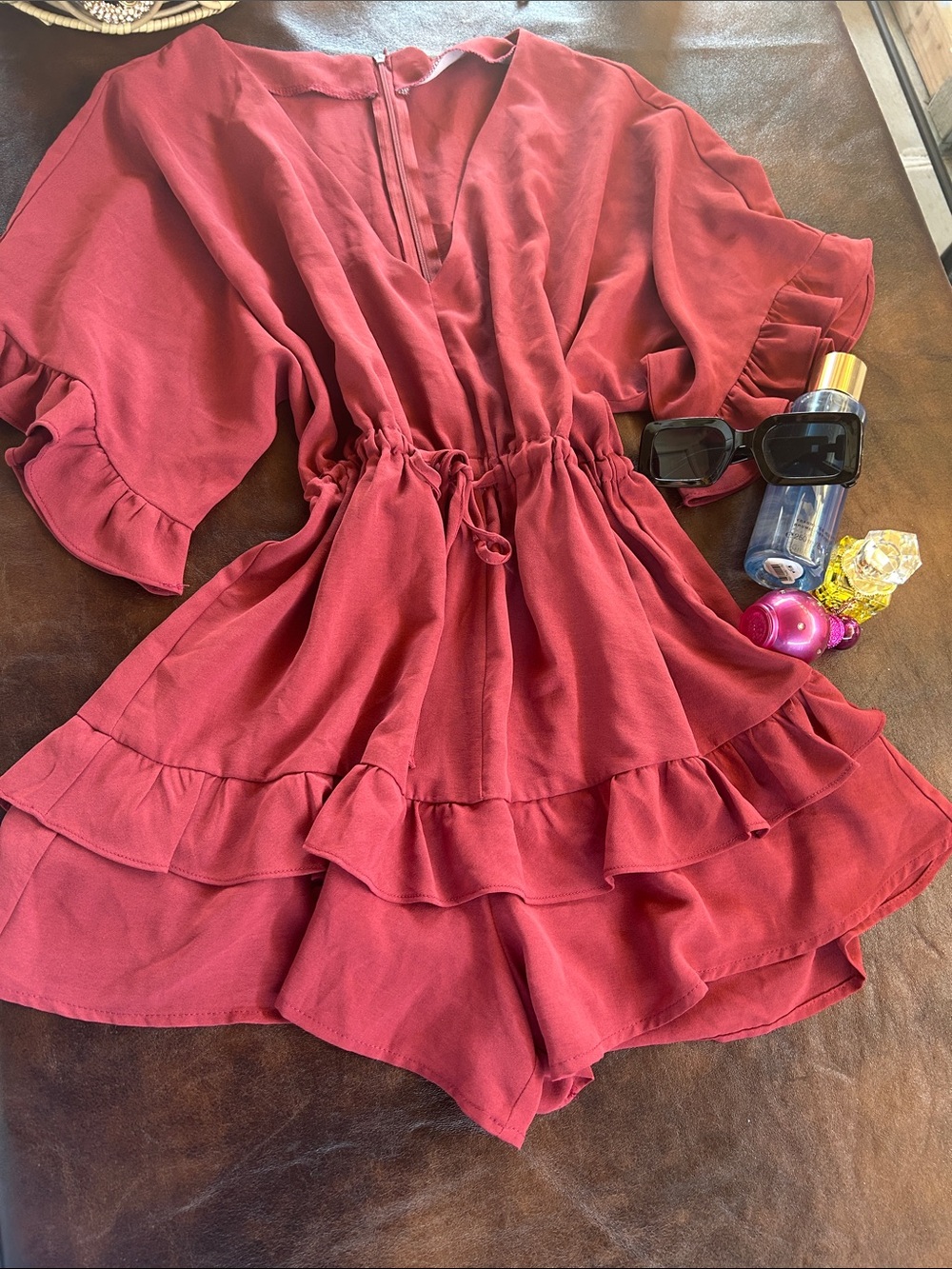 Ruffled Short Sleeve V-Neck Romper in Deep Rose